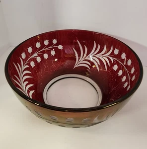 Vintage Ruby Red Cut-to-Clear Glass Bowl with White Floral Etched Design - Picture 1 of 7