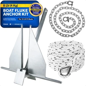 Kit de anclaje de barco de 8 lb, cadena galvanizada por inmersión en caliente de 1/4" x 6', cuerda de 3/8" x 100' - Imagen 1 de 8
