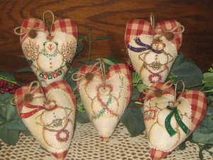 Country Christmas 5 Snowman Hearts Tree Ornaments Wreath Accents Handmade Gift - Picture 1 of 3
