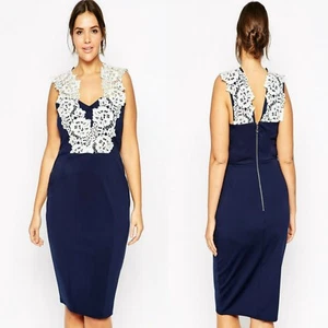 Sz 16 18 Azul Blanco Encaje Sin mangas Noche Fiesta formal Sexy Slim Fit MidiDress - Imagen 1 de 3