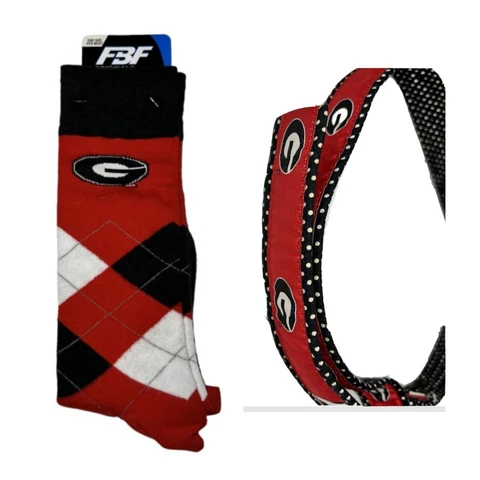 UGA Georgia Bulldogs Canvas D Ring XL (Up to 45") Belt & New UGA Socks LOT Cover