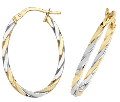 9CT YELLOW & WHITE GOLD OVAL HOOP EARRINGS - TWO TONE GOLD - Image 1 of 4