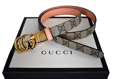 🆕️Auth GUCCI Beige Ebony Peach GG MARMONT REVERSIBLE Women's Belt IT-80 US-32 - Image 1 of 4