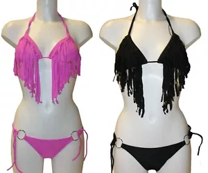 Fringed Bikini Swimsuit Sexy Black or Pink S M XL UK Ladies Size Beach Summer - Picture 1 of 6
