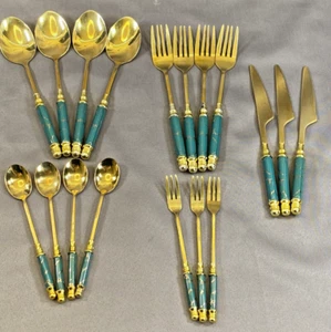 Edelstahl Gold mit grünem und goldenem Keramikgriff Konvolut Silberbesteck 18 Teile - Bild 1 von 20