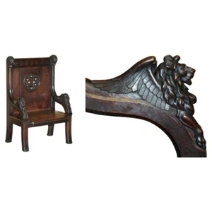 STUNNING EXTRA LARGE GOTHIC REVIVAL THRONE ARMCHAIR HAND CARVED ARMORIAL LIONS - Picture 1 of 23