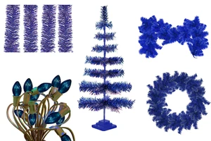 Blaue Weihnachtsdekoration Konvolut Kit 3 Fuß Baum, Girlande, Kranz, Lichter, Lametta - Bild 1 von 12