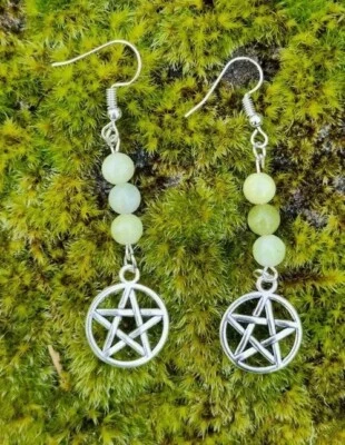 Natural Stone Jade Pentacle Dangle Earrings witchcraft wicca pagan occult  - Image 1 of 4