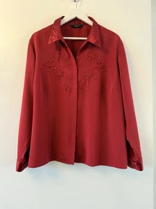Bonmarche Red Formal Blouse, Beaded Floral Pattern Satin Trim Size 24 . VGC - Picture 1 of 10