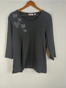 Quacker Factory Pearly Hearts 3/4 Sleeve Black Large T-shirt A 211561 - Picture 1 of 7