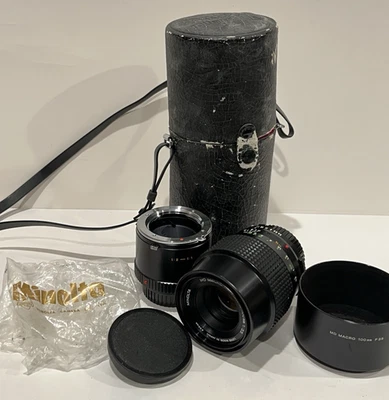 Minolta MD Macro ROKKOR-X 100mm f/3.5 Lens W/ Extension Tube, Hood, + Case EXC+ - Image 1 of 4