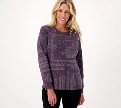 Denim & Co. Women's Top Sweater Sz XS Active Printed French Terry Gray A522966 - Image 1 of 4