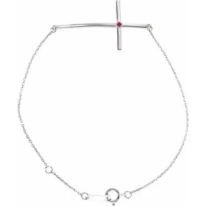 Imitation Ruby Sideways Cross Bracelet In Sterling Silver - Picture 1 of 2