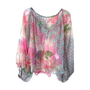 Boho Sheer Floral Women’s M Top Fairy Chiffon Long Balloon Sleeve Blouse - Picture 1 of 10