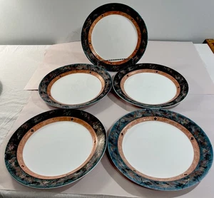 Corelle by Corning Ware 5 Dinner Plates 10” Green-Beige-Gold Rims No Broiler USA - Picture 1 of 6
