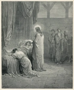 Dore Bible Art JESUS CHRIST RAISES JARIUS DEAD DAUGHTER 1890 vintage engraving - Picture 1 of 3