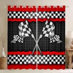 Race Car Themed Curtain Home Decor,Black White Checkered Flag Print Window Dr... - Picture 1 of 6