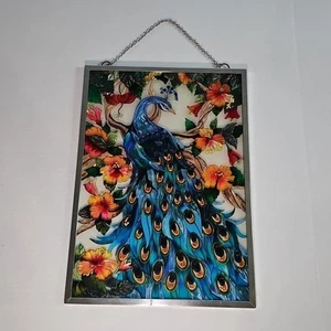 Peacock Glass Window Hanging, 11" W x 15" H Hand Painted AMIA DENVER Glass Panel - Picture 1 of 5