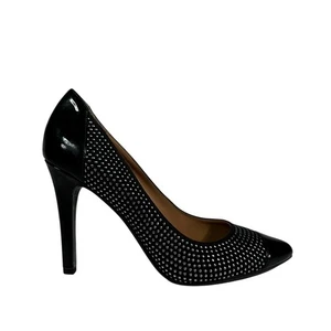 ARMANI JEANS Patent Cap Toe Stiletto Heels 39 US 9 Embellished Studs Black Suede - Picture 1 of 6