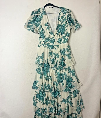 Baltic Born Montaigne Ruffle Maxi Dress Sz XL Green Ivory Floral Tiered V Neck - Image 1 of 4