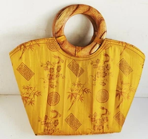 Golden Asian Handbag, Silk and Bamboo or Wooden Round Handles (b790) - Picture 1 of 8