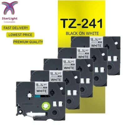 5 Label Tape Black on White Compatible With Brother TZ241 PT-D600VP D800W E300VP - Image 1 of 4