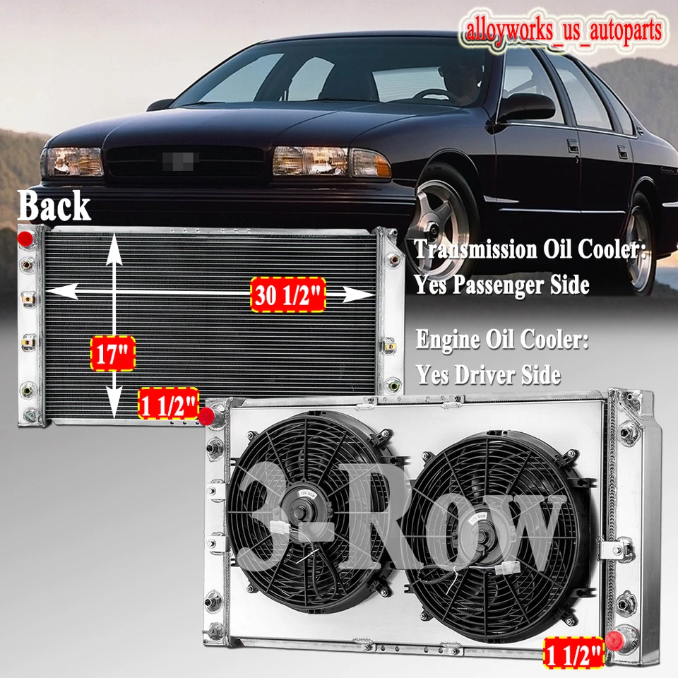 3 Row Radiator Shroud Fan For 94-96 Chevy Caprice Impala Cadillac Fleetwood 5.7L - Изображение 1 из 4