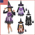 US Kid Girls Halloween Witch Dress Up Shiny Star Print Candy Bag Dresses Hat Set