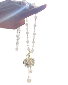 Anne Klein gold tone Y-drop long pearl necklace diamonds crystal swan pendant - Picture 1 of 4