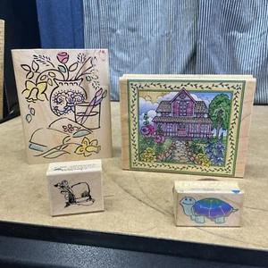 USED Rubber Stamp Lot x4 Hat Turtle House Inkadinkado Stampede Hero Arts GUC - Picture 1 of 17