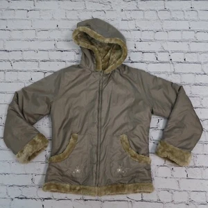 London Fog Jacket Full Zip Hoodie reversible Faux Fur Size L 14-16 Tan - Picture 1 of 14