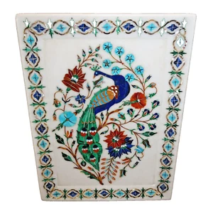 Marble Inlay Semi Precious Gems Peacock Art Serving Tray Platter Dish 11x8 - Picture 1 of 14