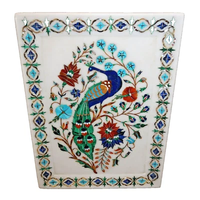 Marble Inlay Semi Precious Gems Peacock Art Serving Tray Platter Dish 11x8 - Image 1 of 4