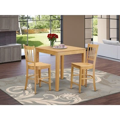 Counter Height Set - High Table And Dinette Chairs Oak 3 Square Wood Seat - Image 1 of 4
