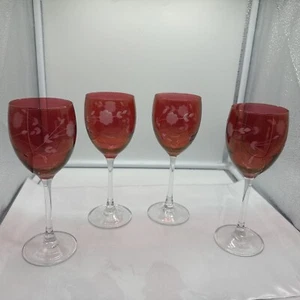 Wine Glasses 8oz Crystal Cranberry Etched Floral Set Of 4 Long Stem 8" - Picture 1 of 6