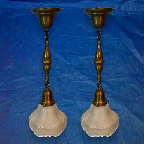 Wired Pair Brass Pendant Light Fixtures Rare Frosted Weathered Shades 24E Cover