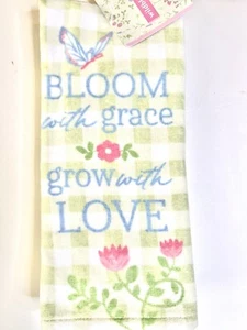 SET OF 2 BLOOM WITH GRACE GROW WITH LOVE KITCHEN TOWELS SAGE GREEN CHECKS - Picture 1 of 7
