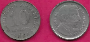 ARGENTINA 10 CENTAVOS 1954 VF-XF LARGER HEAD,SMOOTH EDGE,JOSE DE SAN MARTIN,BUST - Picture 1 of 1