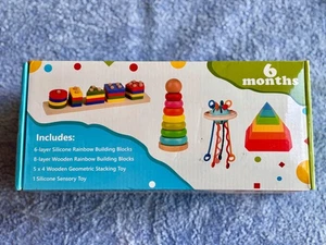 New~ 4-in-1 Baby Toys Set for 6-12 Months, Montessori Wooden Stacking Blocks - Picture 1 of 4