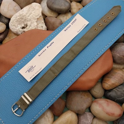 Correa de reloj vintage de popelina de servicio verde militar de una pieza de lona de 14 mm Segunda Guerra Mundial sin usar Foto 1 de 4