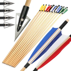 31.5" Wooden Arrow Shaft 5"Turkey Feather Hunting Points Longbow Archery Target - Picture 1 of 28