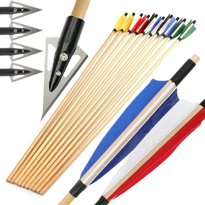 31.5" Wooden Arrow Shaft 5"Turkey Feather Hunting Points Longbow Archery Target - Image 1 of 4