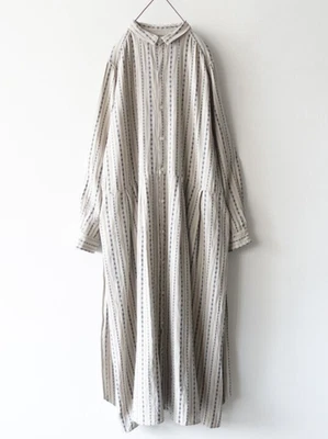 ICHI Antiquites Lino Algodón Camisa Vestido Largo Cuello Dobby Rayas... - Imagen 1 de 4