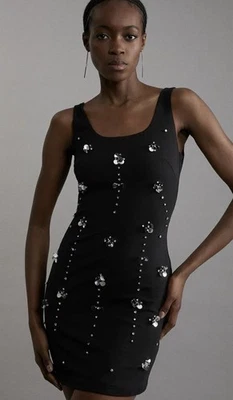 NWT Karen Millen Embellished Stretch Cotton Black Mini Party Dress Size Large - Image 1 of 4