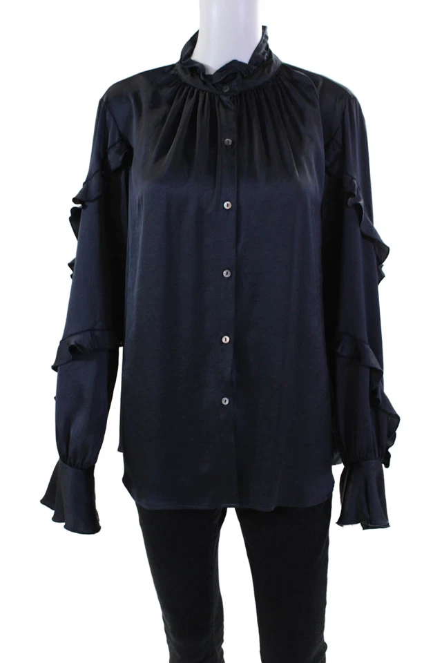 Blusa para mujer Bailey 44 con volantes cuello redondo botón largo dolwn azul marino talla L Foto 1 de 4