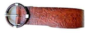 ESPRIT COW LEATHER Unisex BELT Hand Tooled BROWN ROUND BUCKLE SZ 36 Wide 2" - Picture 1 of 6