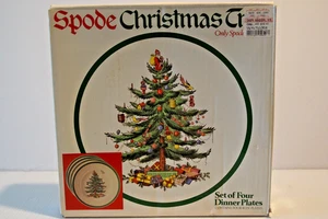 Spode Christmas Tree Dinner Plates 10" Set of 4 Green Rimmed New in Box - Picture 1 of 4