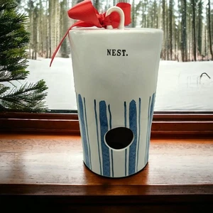 Rae Dunn Artisan Birdhouse Nest Cylinder Denim Blue Stripe 2018 muy buen estado - Imagen 1 de 10