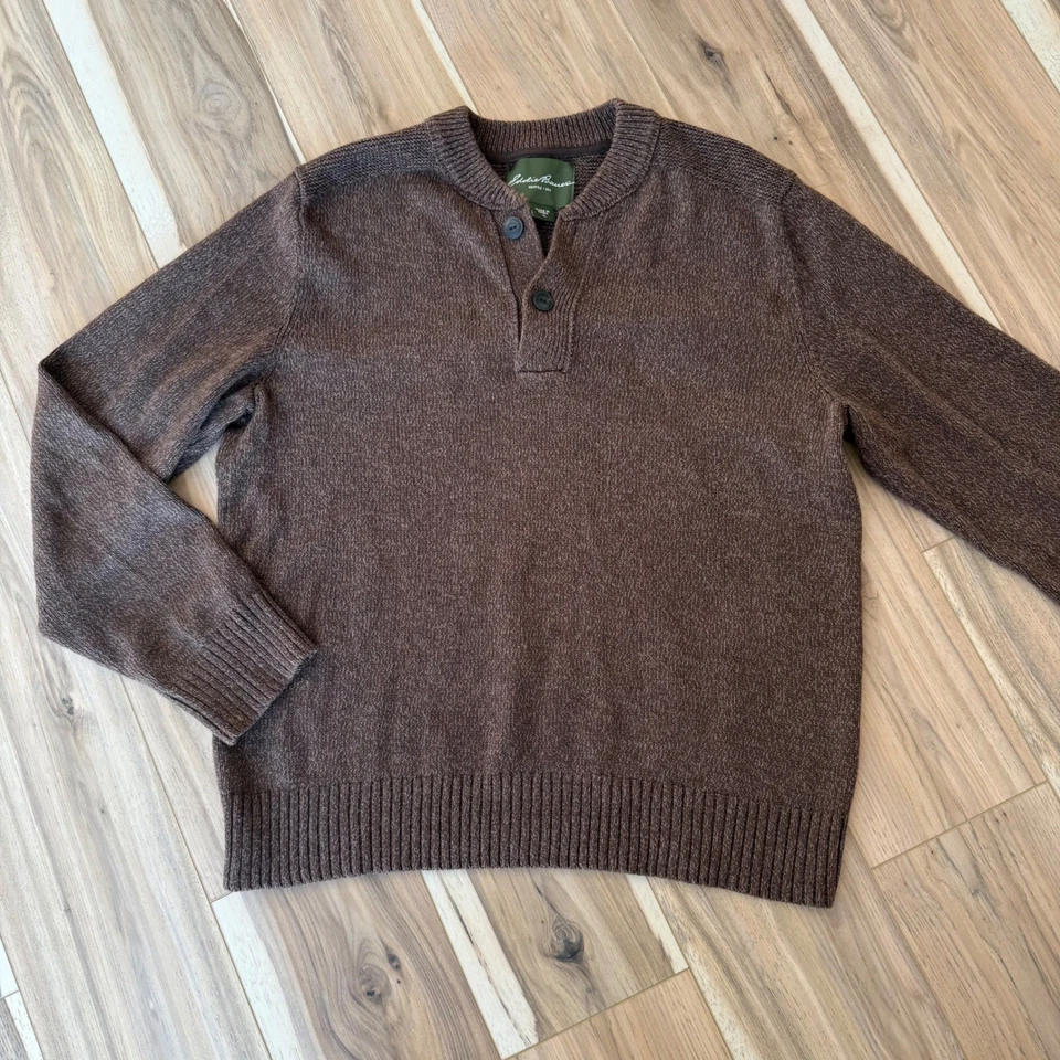 Eddie Bauer Para Hombres XL Marrón Algodón Dos Botones Henley Suéter Tejido Top Foto 1 de 4