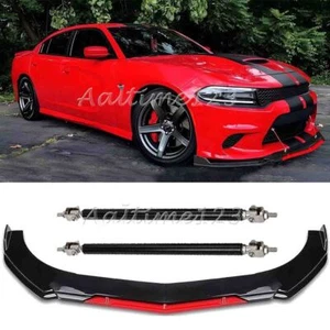 For Dodge Charger 2015-2023 Front Bumper Lip Splitter Kit Glossy Red Strut Rods - Picture 1 of 12